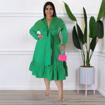 Plus Size Solid Bow Tie Loose Ruffles Casual Dress NNWF-7679