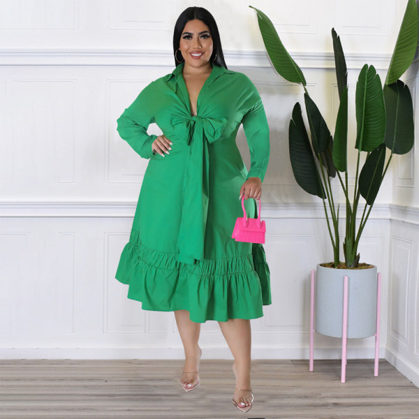 Plus Size Solid Bow Tie Loose Ruffles Casual Dress NNWF-7679