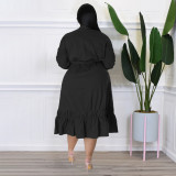 Plus Size Solid Bow Tie Loose Ruffles Casual Dress NNWF-7679