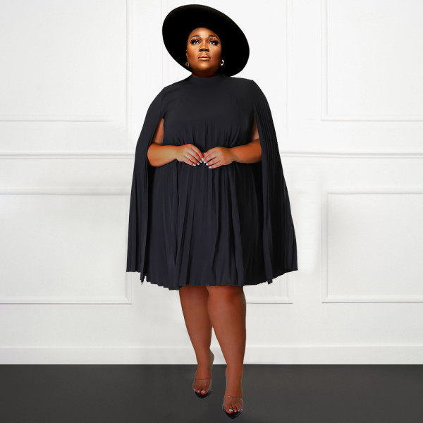 Plus Size Solid Pleated Big Swing Mini Dress NNWF-7638