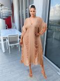 Fashion Solid Knitted See-Through Tassel Midi Dress TR-1226