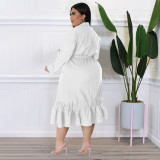 Plus Size Solid Bow Tie Loose Ruffles Casual Dress NNWF-7679