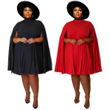 Plus Size Solid Pleated Big Swing Mini Dress NNWF-7638