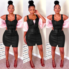Fashion PU Leather Zipper Suspender Dress With Waist Belt MEM-88235