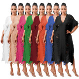 Fashion Solid Knitted See-Through Tassel Midi Dress TR-1226