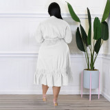 Plus Size Solid Bow Tie Loose Ruffles Casual Dress NNWF-7679