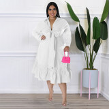 Plus Size Solid Bow Tie Loose Ruffles Casual Dress NNWF-7679