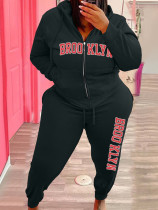 Plus Size Letter Print Zipper Hooded Casual Pant Suits WAF-7118237
