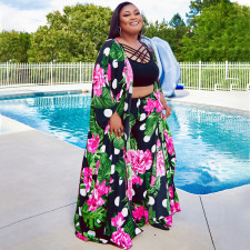 Plus Size Print Long Coat And Loose Pant Two Piece Set NNWF-7602