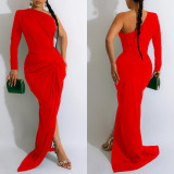 Sexy Solid One Shoulder Sleeve Pleated Maxi Dress BY-6042