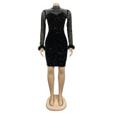 Mesh See Through Hot Drilling Feather Long Sleeve Mini Dress BY-6030