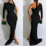 Sexy Solid One Shoulder Sleeve Pleated Maxi Dress BY-6042