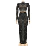 Mesh See Through Hot Drilling Long Sleeve Long Skirts Two Piece Set BY-6028