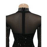 Mesh See Through Hot Drilling Feather Long Sleeve Mini Dress BY-6030