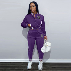 Letter B Long Sleeve Baseball Uniform Two Piece Pants Set XMF-168