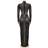 Mesh See Through Hot Drilling Long Sleeve Long Skirts Two Piece Set BY-6028
