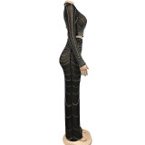 Mesh See Through Hot Drilling Long Sleeve Long Skirts Two Piece Set BY-6028