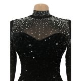 Mesh See Through Hot Drilling Feather Long Sleeve Mini Dress BY-6030
