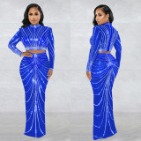 Mesh See Through Hot Drilling Long Sleeve Long Skirts Two Piece Set BY-6028