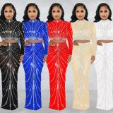 Mesh See Through Hot Drilling Long Sleeve Long Skirts Two Piece Set BY-6028