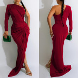 Sexy Solid One Shoulder Sleeve Pleated Maxi Dress BY-6042