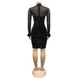 Mesh See Through Hot Drilling Feather Long Sleeve Mini Dress BY-6030