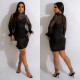 Mesh See Through Hot Drilling Feather Long Sleeve Mini Dress BY-6030