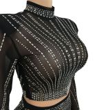 Mesh See Through Hot Drilling Long Sleeve Long Skirts Two Piece Set BY-6028