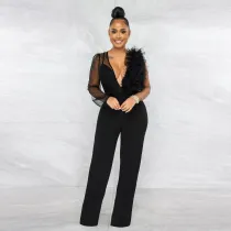 Sexy Mesh See Through Deep V Neck Jumpsuit JZHF-8119