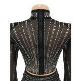 Mesh See Through Hot Drilling Long Sleeve Long Skirts Two Piece Set BY-6028