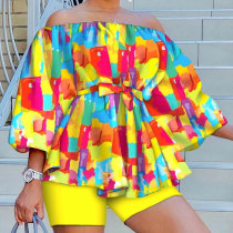 Plus Size Print One Shoulder Loose Top And Short Two Piece Set NY-10306