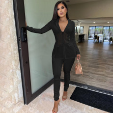 Solid Mesh Patchwork Blazer Coat And Pants Two Piece Set FOSF-8317