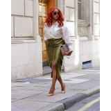 Fashion Solid PU Leather Slit Tie-Up Skirts ASL-6608