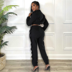 Plus Size Zipper Fungus Long Sleeve Two Piece Pants Set HM-6622