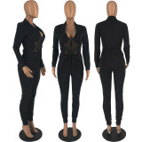Solid Mesh Patchwork Blazer Coat And Pants Two Piece Set FOSF-8317