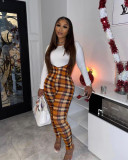 Plus Size Slim-fit Plaid Jumpsuit And Long Sleeve Top Two Piece Sets CL-6151