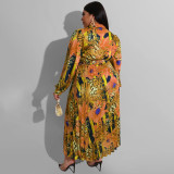 Plus Size Casual Print Top And Ruched Big Swing Skirt Suits OSIF-22516