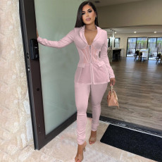 Solid Mesh Patchwork Blazer Coat And Pants Two Piece Set FOSF-8317