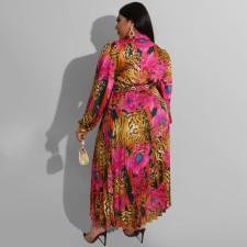 Plus Size Casual Print Top And Ruched Big Swing Skirt Suits OSIF-22516