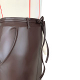 Fashion Solid PU Leather Slit Tie-Up Skirts ASL-6608