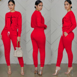 Fashion Print Long Sleeve Ruched Pant Two Piece Set TE-2064