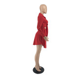 Solid Color Long Sleeve Tie Up Shirt Dress IV-8348