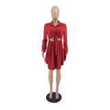 Solid Color Long Sleeve Tie Up Shirt Dress IV-8348