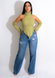Knit Turtleneck Fake Sleeves Finger Hole Irregular Sweater CM-8639