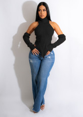 Knit Turtleneck Fake Sleeves Finger Hole Irregular Sweater CM-8639