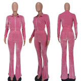 Casual Velvet Zipper Top Wide Leg Pants Two Piece Set YD-8656