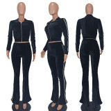 Casual Velvet Zipper Top Wide Leg Pants Two Piece Set YD-8656