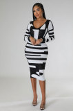 Fashion Print Long Sleeve Slim Midi Dress XHXF-323