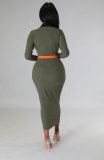 Color Matching Lapel Long Dress(With Waist Belt) XHXF-327