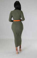 Color Matching Lapel Long Dress(With Waist Belt) XHXF-327